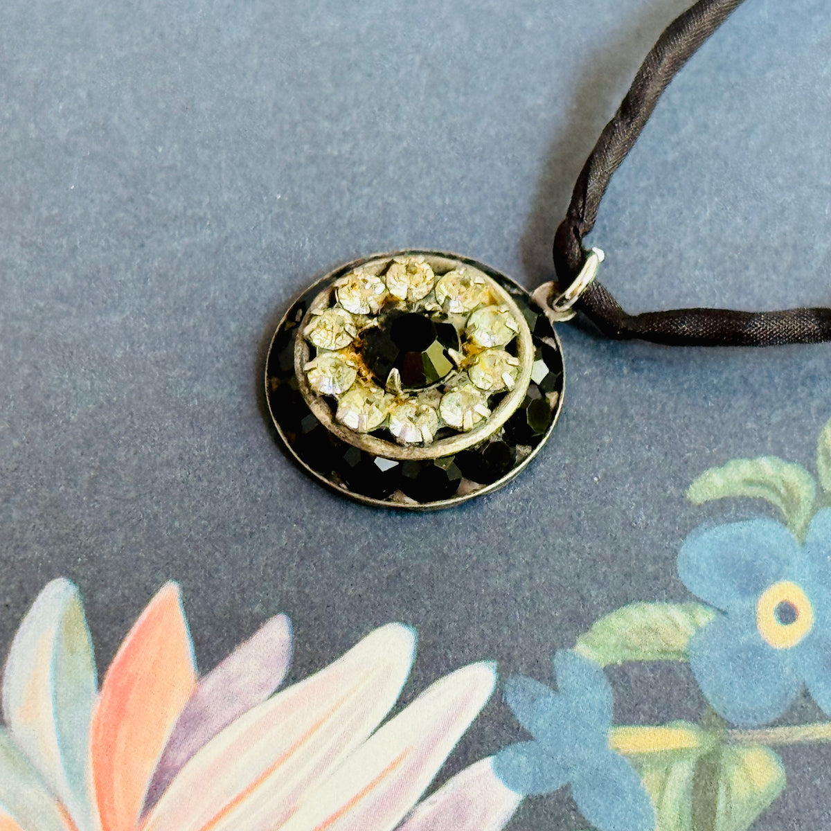 Black and Clear Swarovski Crystal Filigree Pendant in Antique Silver