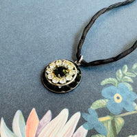 Black and Clear Swarovski Crystal Filigree Pendant in Antique Silver