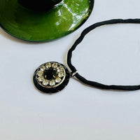 Black and Clear Swarovski Crystal Filigree Pendant in Antique Silver