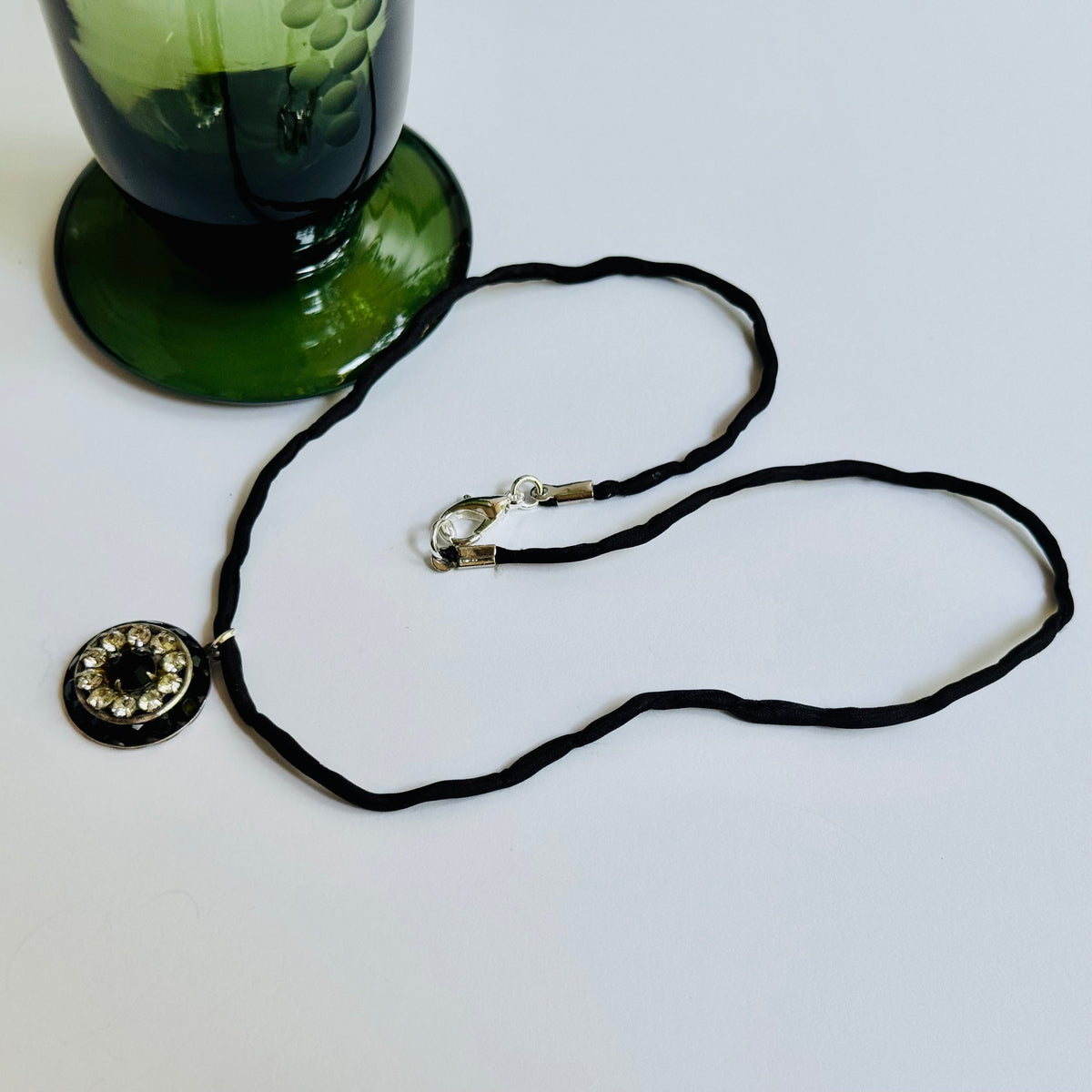 Black and Clear Swarovski Crystal Filigree Pendant in Antique Silver