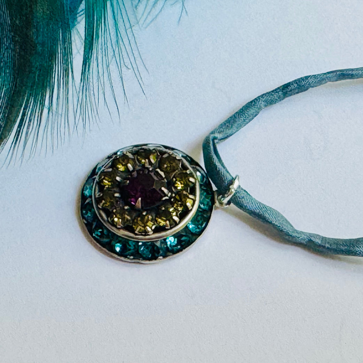 Indicolite, Olivine, Amethyst Swarovski Crystal Filigree Pendant in Metal Alloy