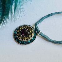 Indicolite, Olivine, Amethyst Swarovski Crystal Filigree Pendant in Metal Alloy