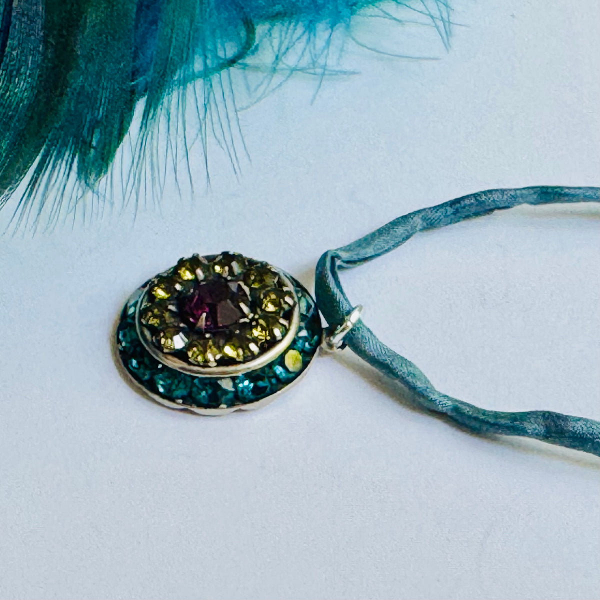 Indicolite, Olivine, Amethyst Swarovski Crystal Filigree Pendant in Metal Alloy