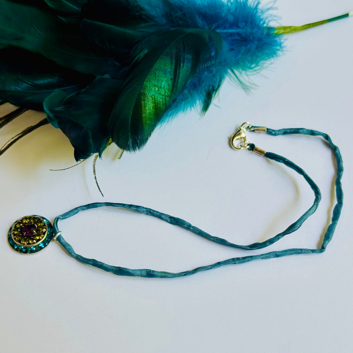 Indicolite, Olivine, Amethyst Swarovski Crystal Filigree Pendant in Metal Alloy