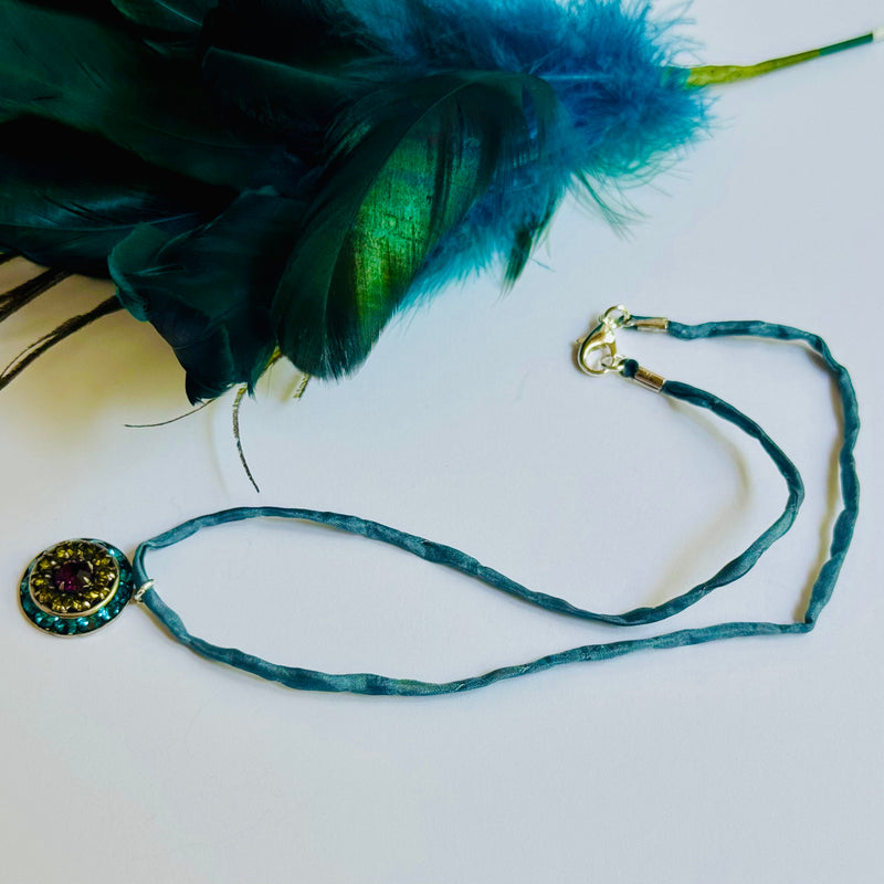 Indicolite, Olivine, Amethyst Swarovski Crystal Filigree Pendant in Metal Alloy
