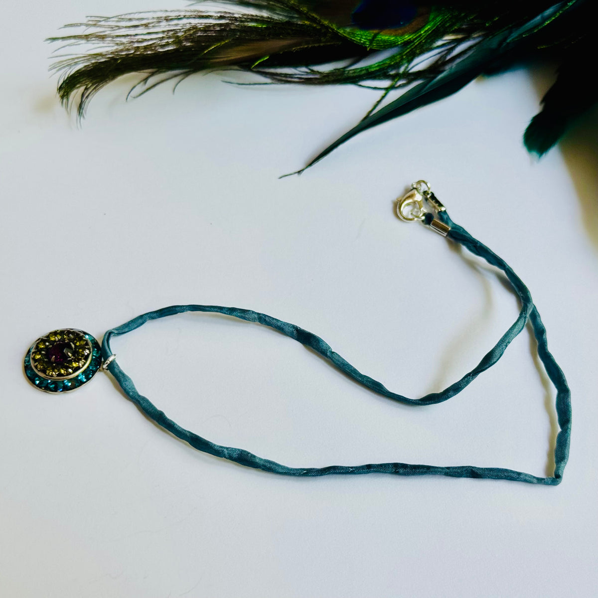 Indicolite, Olivine, Amethyst Swarovski Crystal Filigree Pendant in Metal Alloy