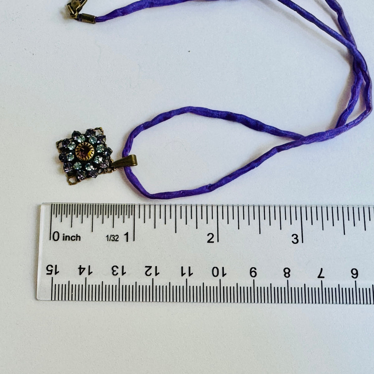 Amethyst and Sapphire Swarovski Crystal Filigree Pendant in Antique Brass