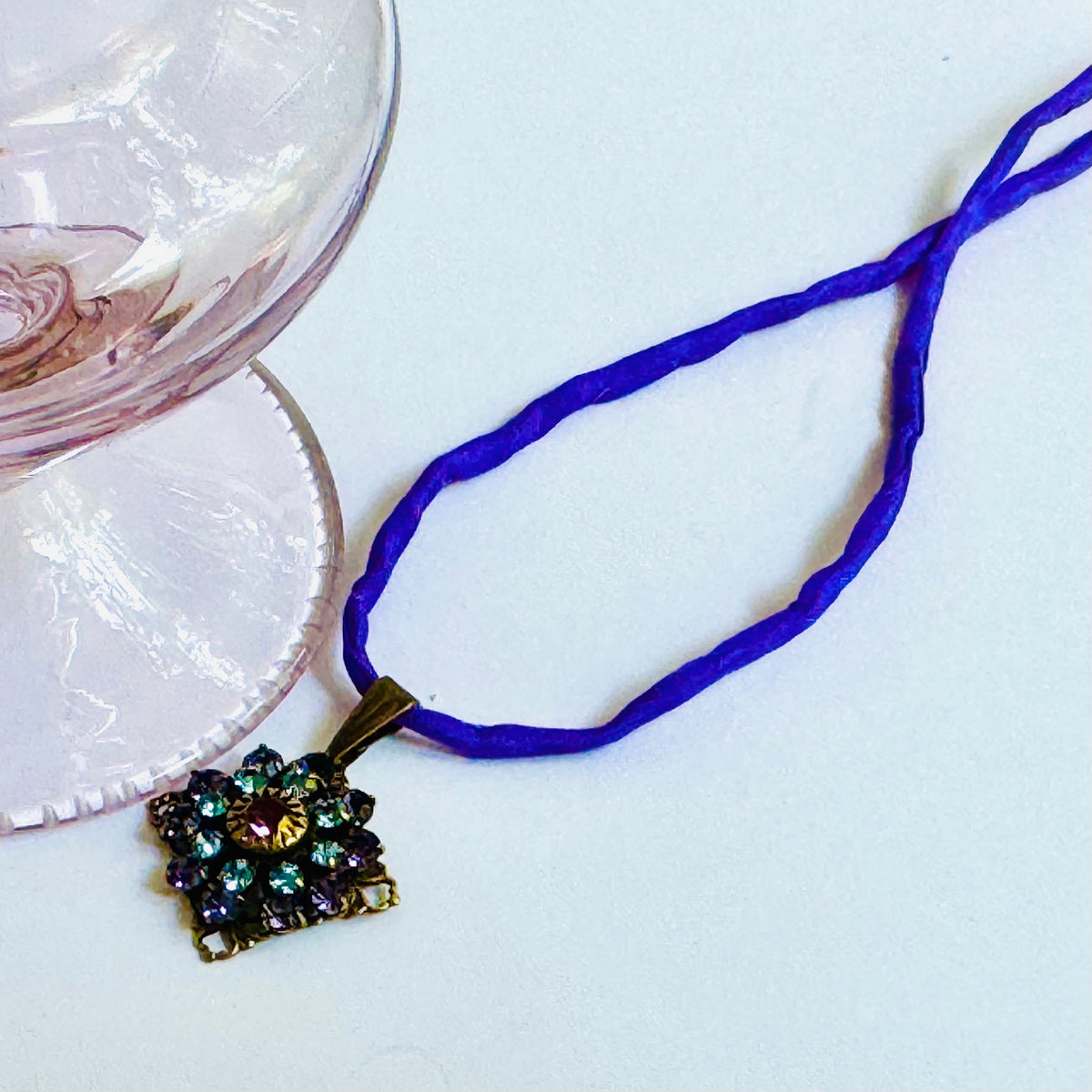 Amethyst and Sapphire Swarovski Crystal Filigree Pendant in Antique Brass