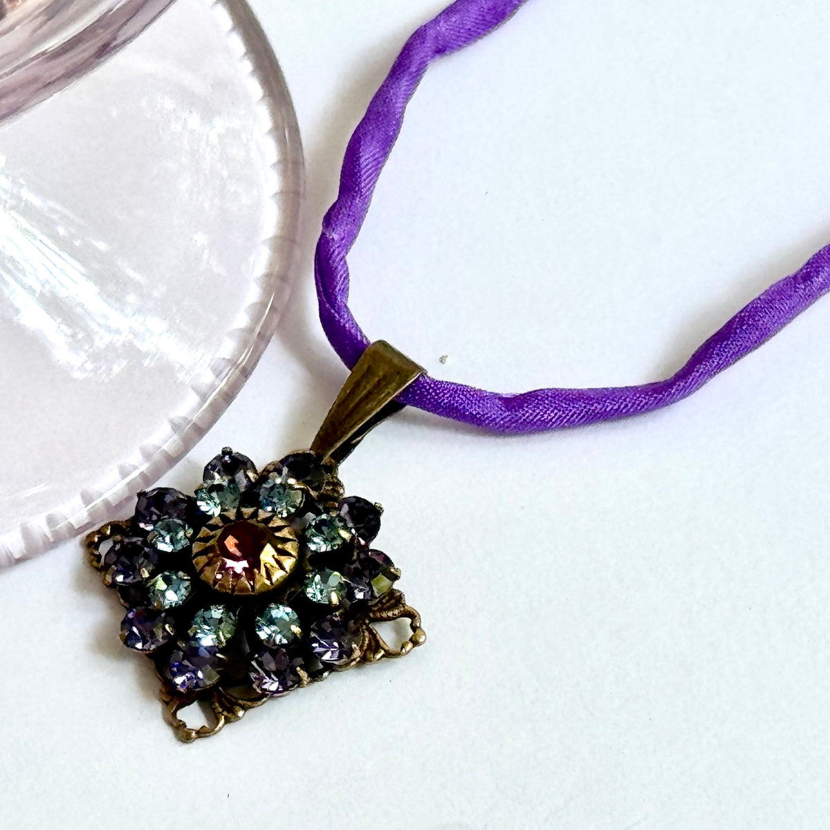 Amethyst and Sapphire Swarovski Crystal Filigree Pendant in Antique Brass