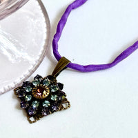 Amethyst and Sapphire Swarovski Crystal Filigree Pendant in Antique Brass