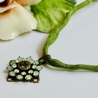 Light Green Swarovski Crystal Filigree Pendant in Antique Brass