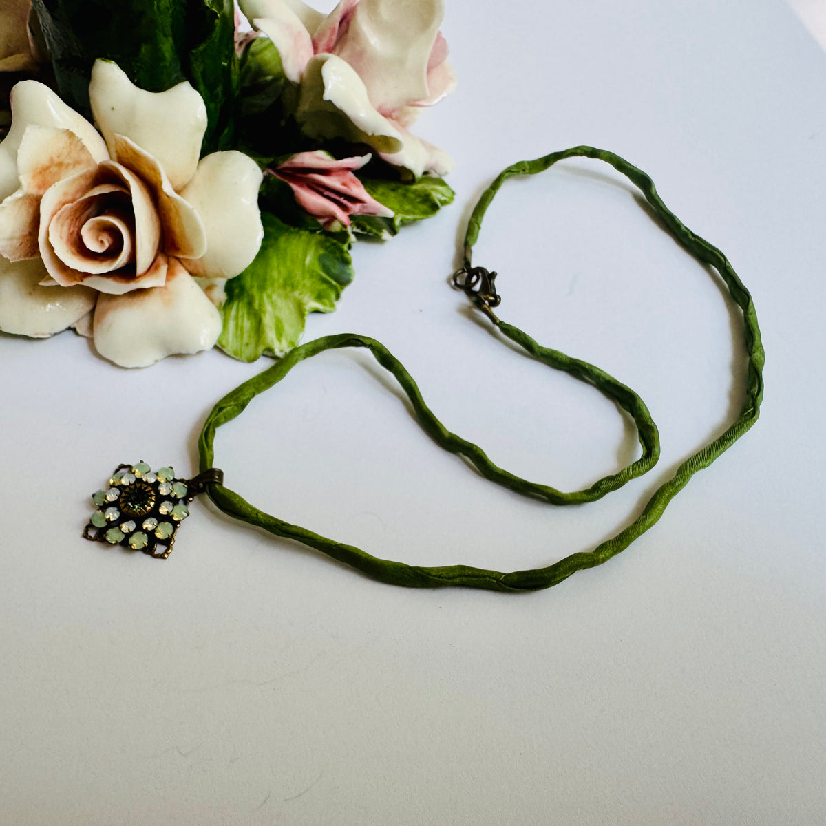 Light Green Swarovski Crystal Filigree Pendant in Antique Brass