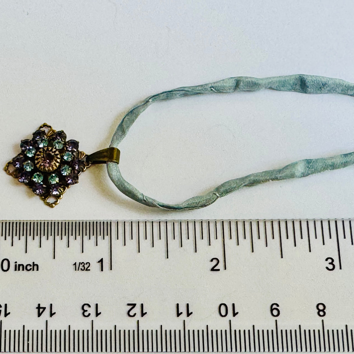Amethyst and Sapphire Swarovski Crystal Filigree Pendant in Antique Brass
