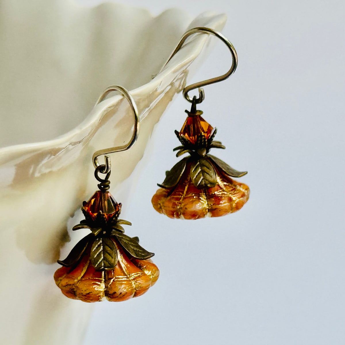 Czech Glass Orange Variegated Flower Drop Earrings in Sterling Silver