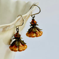 Czech Glass Orange Variegated Flower Drop Earrings in Sterling Silver