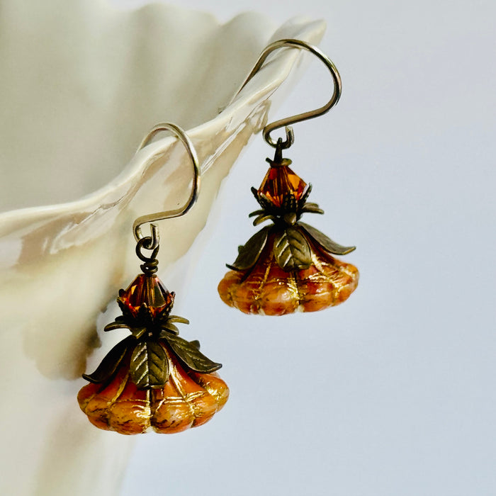 Czech Glass Orange Variegated Flower Drop Earrings in Sterling Silver