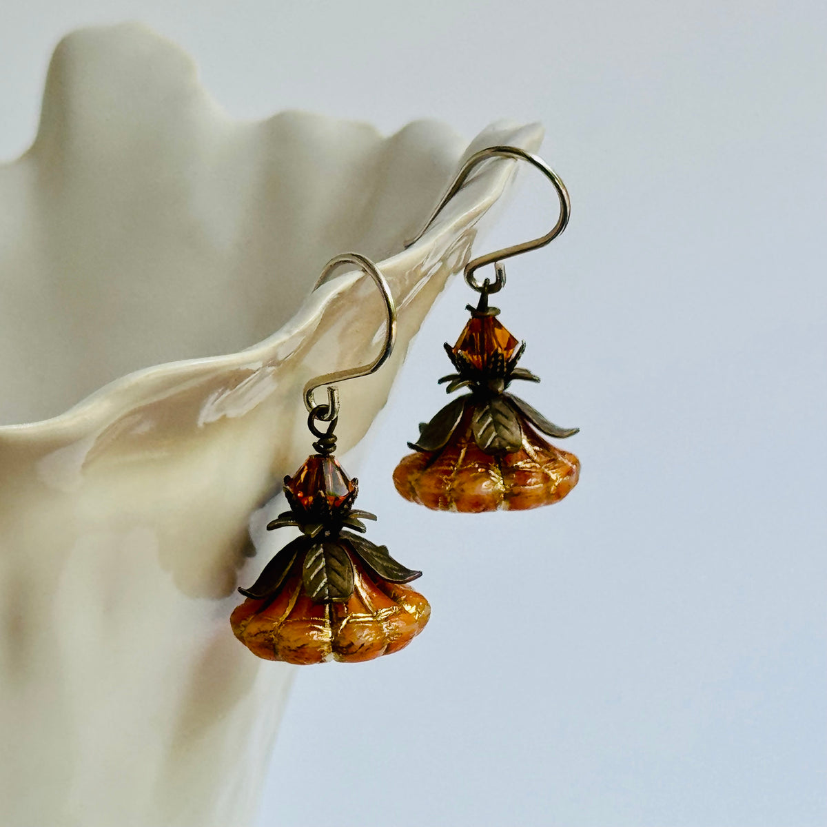 Czech Glass Orange Variegated Flower Drop Earrings in Sterling Silver