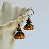 Czech Glass Orange Variegated Flower Drop Earrings in Sterling Silver