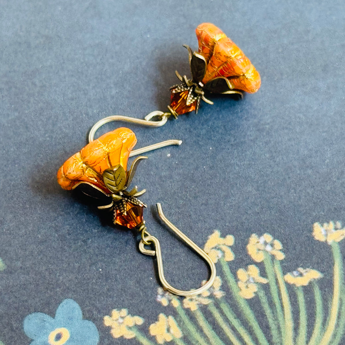 Czech Glass Orange Variegated Flower Drop Earrings in Sterling Silver