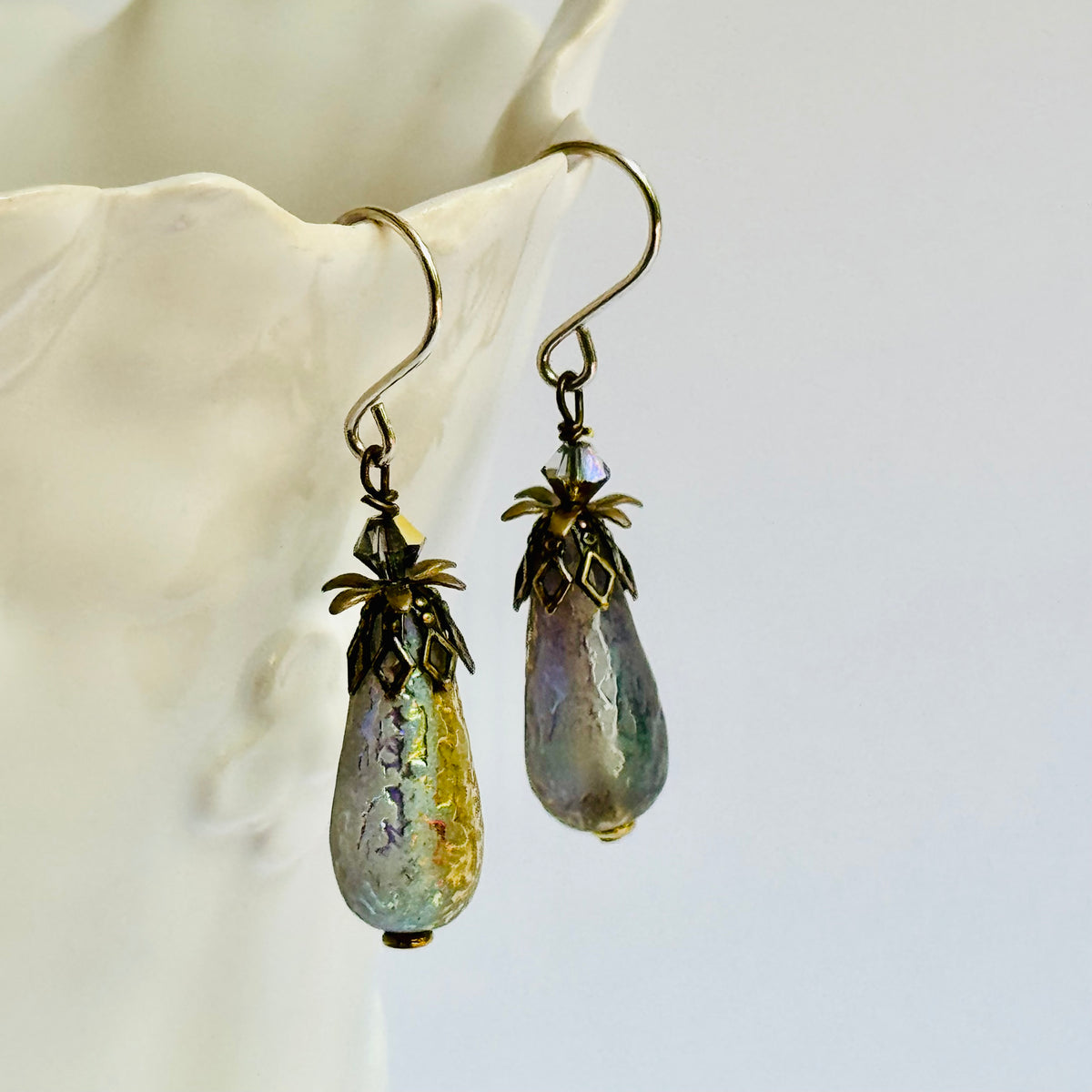 Czech Glass Gold Frosted Matte Dangle Drop Earrings in Sterling Silver