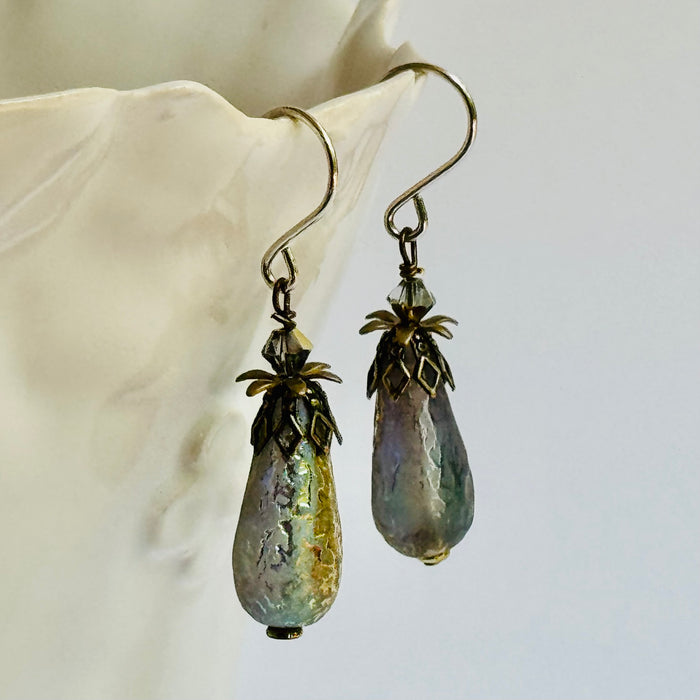 Czech Glass Gold Frosted Matte Dangle Drop Earrings in Sterling Silver