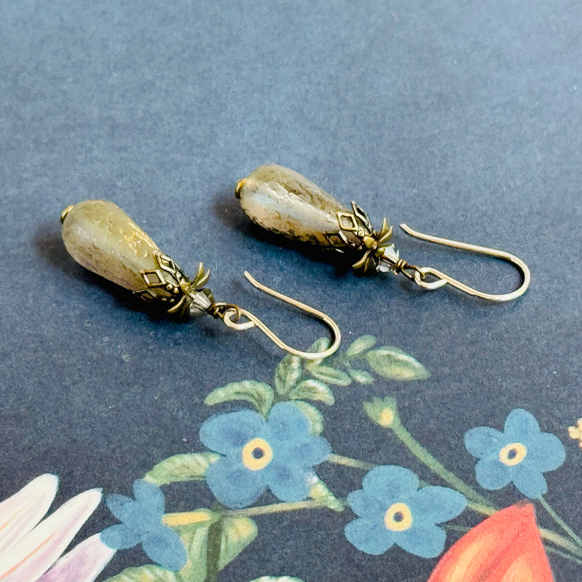 Czech Glass Gold Frosted Matte Dangle Drop Earrings in Sterling Silver
