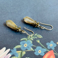 Czech Glass Gold Frosted Matte Dangle Drop Earrings in Sterling Silver
