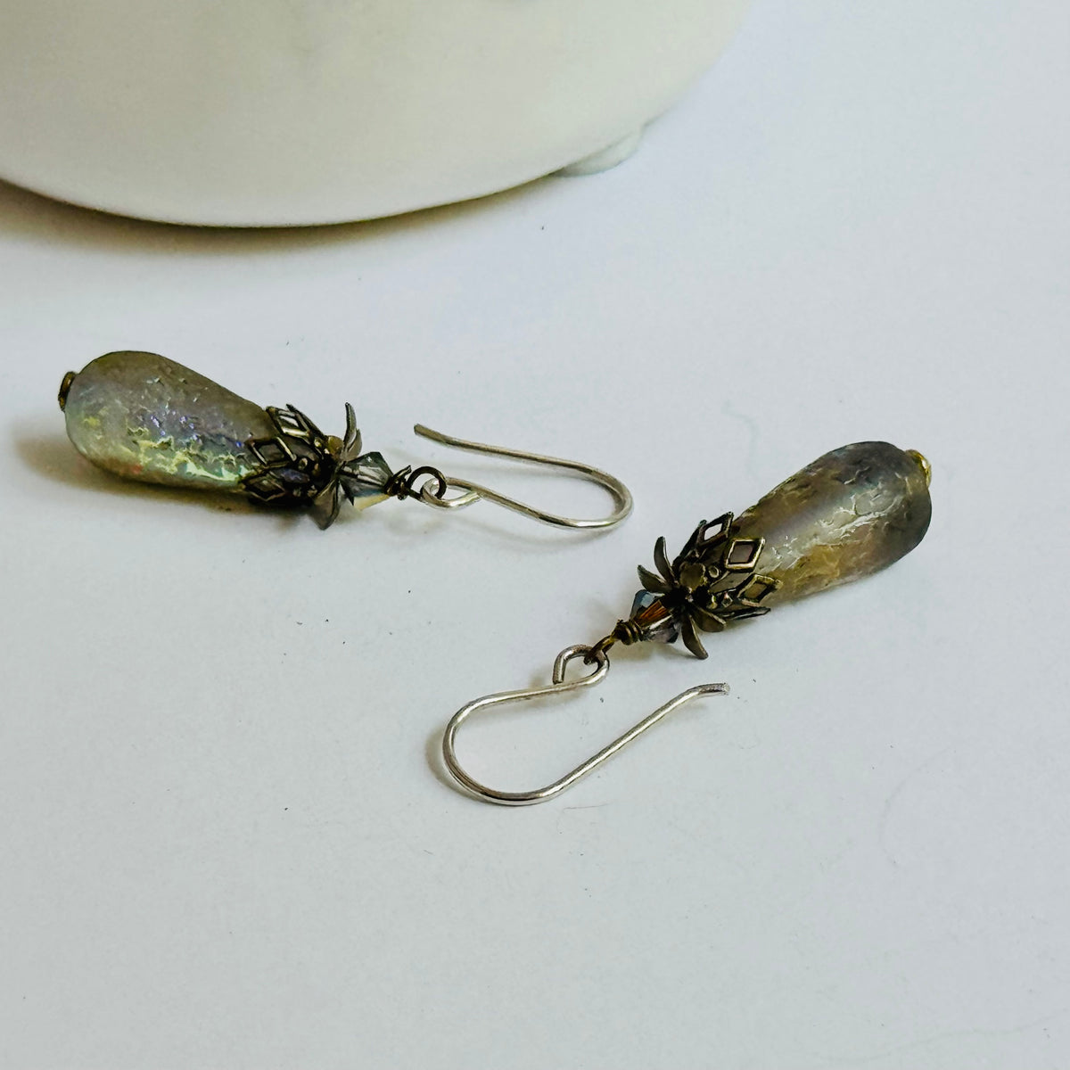 Czech Glass Gold Frosted Matte Dangle Drop Earrings in Sterling Silver