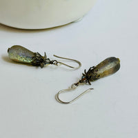 Czech Glass Gold Frosted Matte Dangle Drop Earrings in Sterling Silver