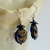 Czech Glass Blue Oval Rose Earrings in Sterling Silver