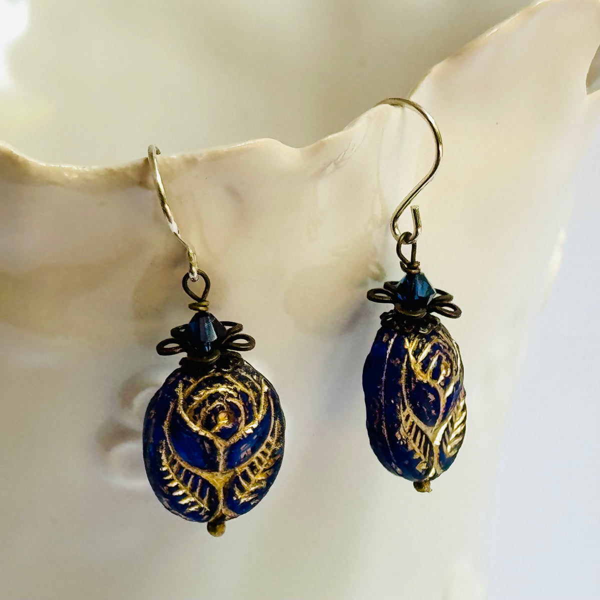 Czech Glass Blue Oval Rose Earrings in Sterling Silver