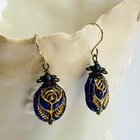 Czech Glass Blue Oval Rose Earrings in Sterling Silver