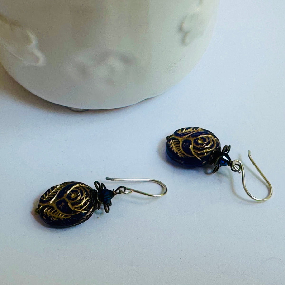 Czech Glass Blue Oval Rose Earrings in Sterling Silver
