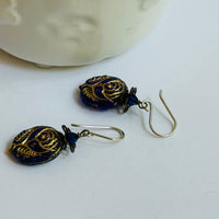 Czech Glass Blue Oval Rose Earrings in Sterling Silver