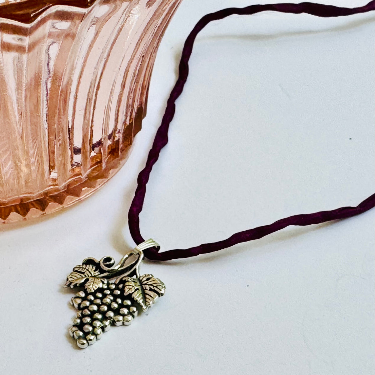 Sterling Silver Grape Bunch Pendant on Silk Cord
