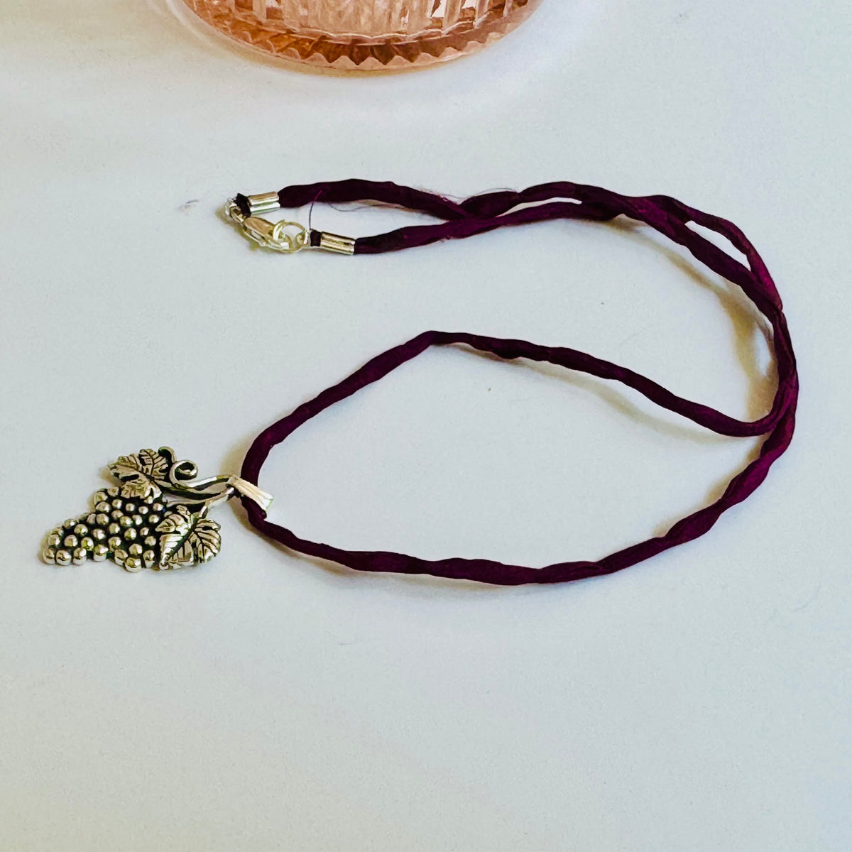 Sterling Silver Grape Bunch Pendant on Silk Cord