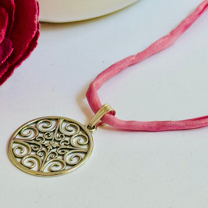 Sterling Silver Celtic Medallion Pendant on Silk Cord