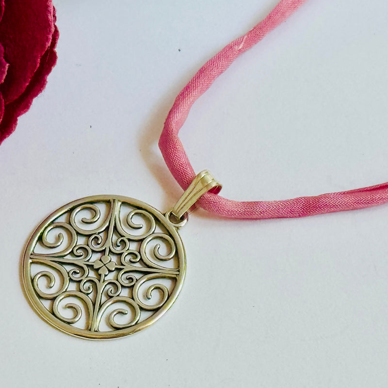 Sterling Silver Celtic Medallion Pendant on Silk Cord