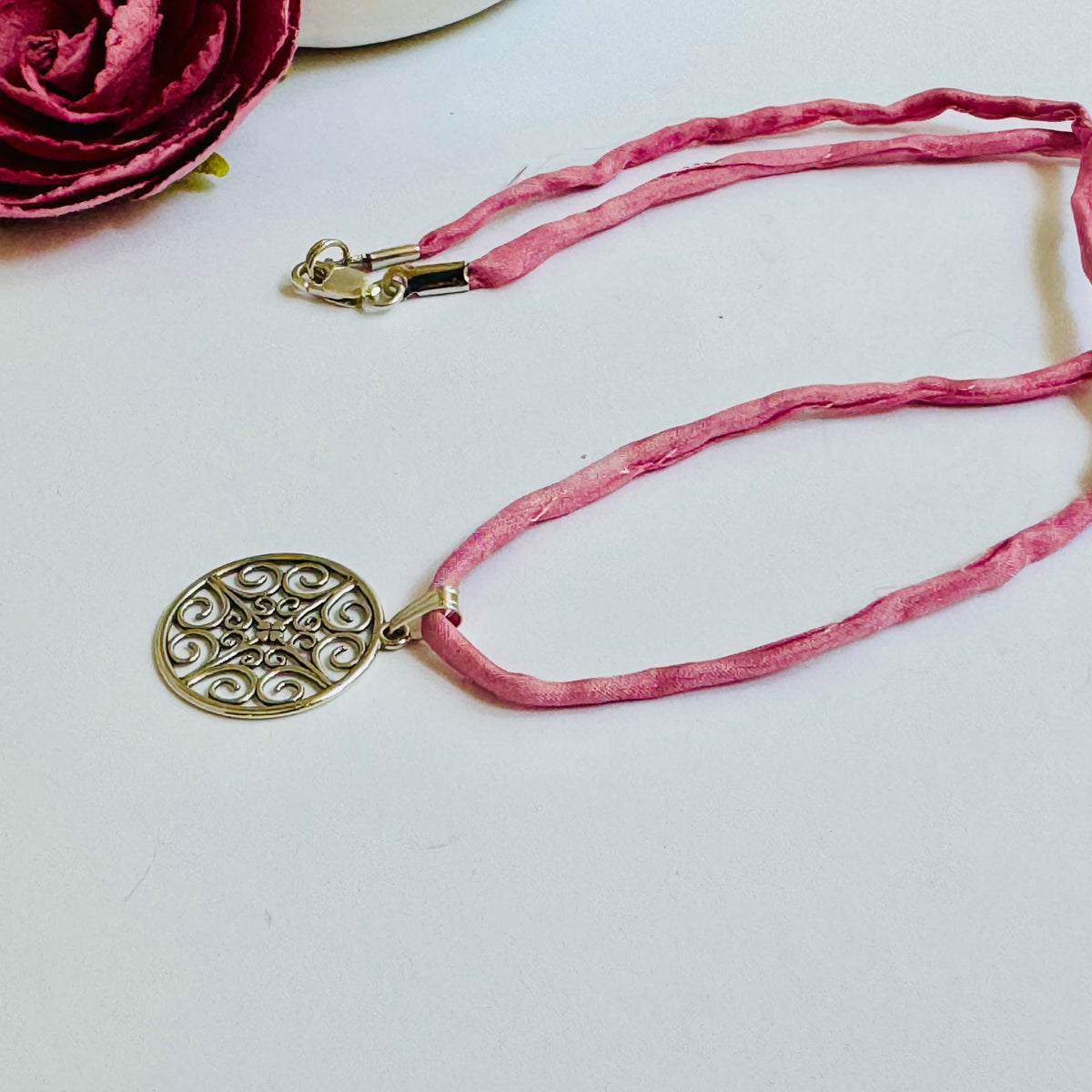 Sterling Silver Celtic Medallion Pendant on Silk Cord