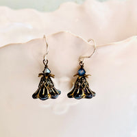 Czech Glass Black Variegated Flower Drop Earrings in Sterling Silver