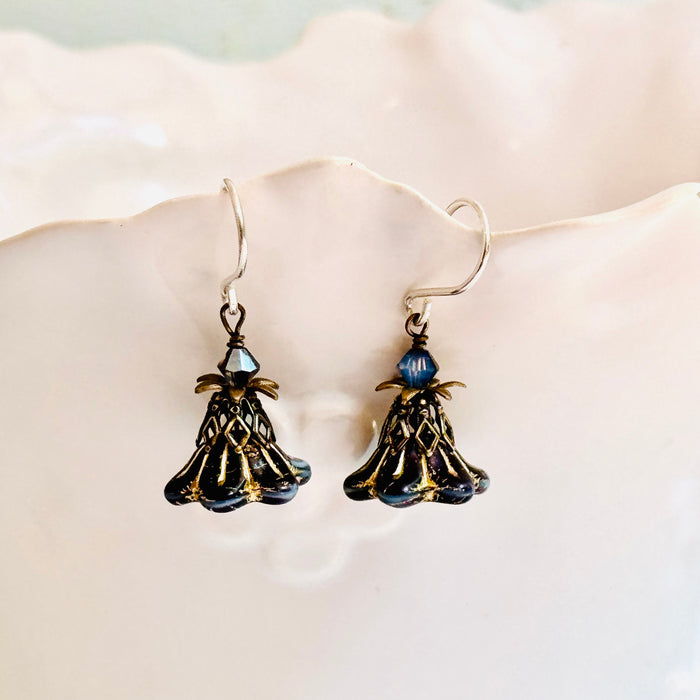 Czech Glass Black Variegated Flower Drop Earrings in Sterling Silver
