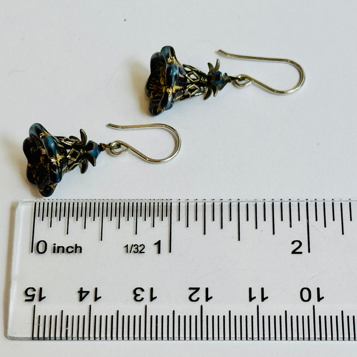 Czech Glass Black Variegated Flower Drop Earrings in Sterling Silver