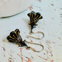 Czech Glass Black Variegated Flower Drop Earrings in Sterling Silver