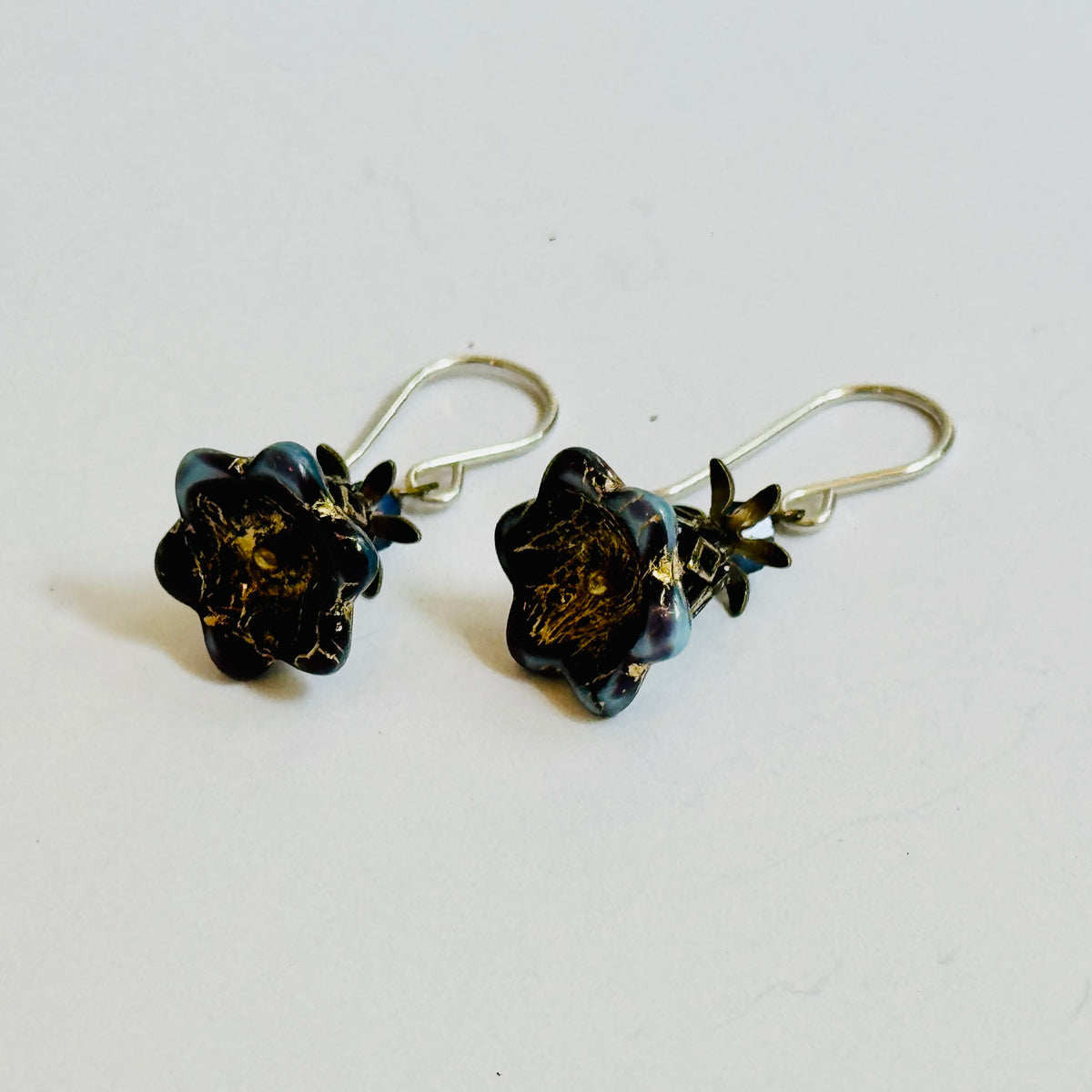 Czech Glass Black Variegated Flower Drop Earrings in Sterling Silver