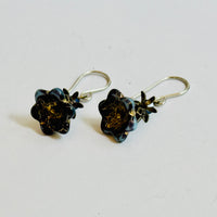Czech Glass Black Variegated Flower Drop Earrings in Sterling Silver
