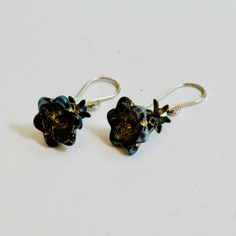 Czech Glass Black Variegated Flower Drop Earrings in Sterling Silver
