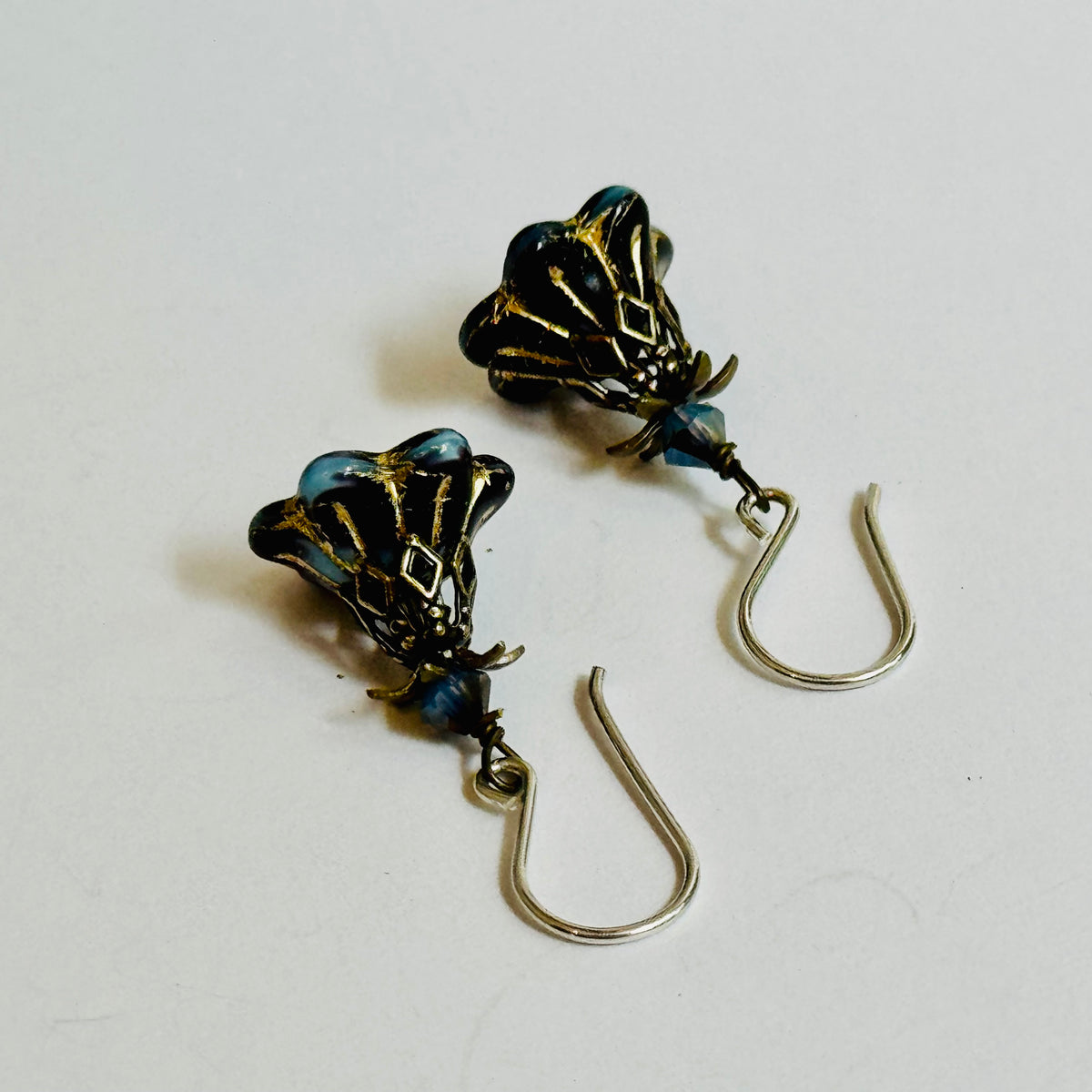 Czech Glass Black Variegated Flower Drop Earrings in Sterling Silver