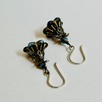 Czech Glass Black Variegated Flower Drop Earrings in Sterling Silver