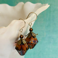 Czech Large Amber Bicone Earrings in Sterling Silver