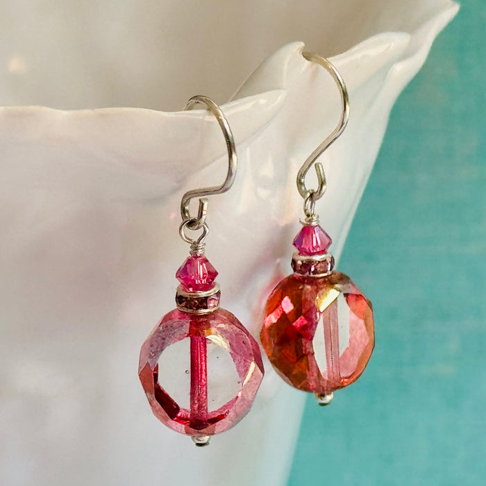 Czech Glass Pink Duel Faceted Round Drop Earrings in Sterling Silver